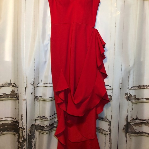 Betsy & Adam V-Neck Cascade High-Low Red Gown - NWOT! - Picture 11 of 14